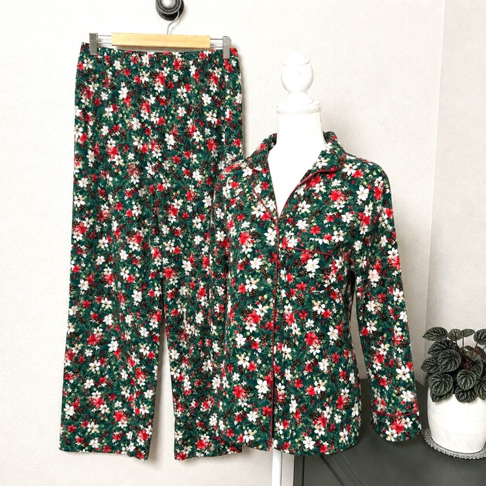 Charter Club Pajama Set S Pinecones Floral Button Top Pants Flannel Cotton